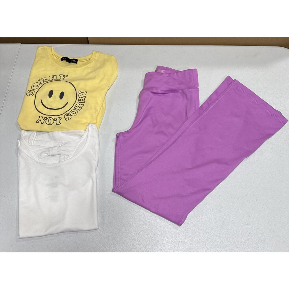 Girls Clothes 10-12 Purple Wide leg Leggings, Happy face Tee, White Tank Top
